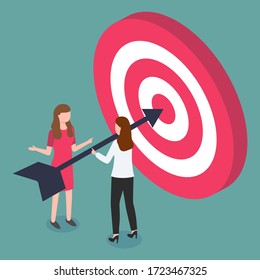 Women discussing working tasks and priorities. Target with arrow in bullseye. Team of workers dealing with setting goals. Aim of project, successful project of teamwork. Vector in isometric style