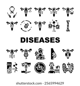 women diseases endometriosis pcos icons set vector. menopause, osteoporosis fibroids, breast cervical, ovarian, uterine infertility, pms women diseases endometriosis pcos glyph pictogram Illustrations