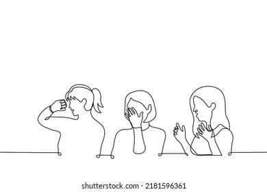 women are disgusted - one line drawing vector. concept sitting girls are unpleasantly shocked and try not to look at something