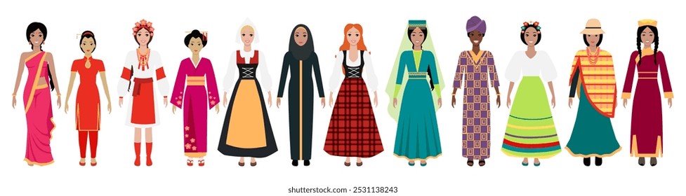 Mujeres de diversas culturas con ropa tradicional que destaca la unidad cultural global. Por la diversidad cultural, la tradición, el patrimonio mundial, el multiculturalismo, la representación cultural, la unidad global.