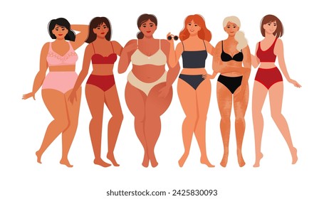 Women diverse of different ethnicities, figures, and forms stand together and hug. Vibes mood, International Women's Day. Vector illustration in flat style