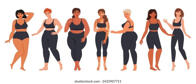 Women diverse of different ethnicities, figures, and forms stand. Vibes mood, body positive. Vector illustration in flat style