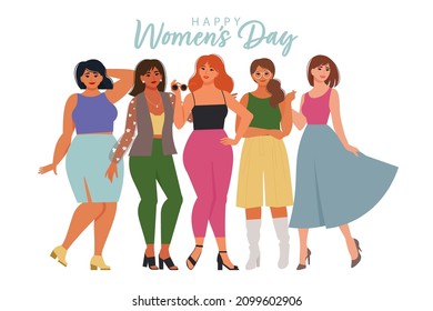 Women diverse of different ethnicity standing together and are hugging. Vibes mood, International Women's Day. Vector illustration in flat style