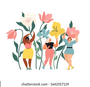 Women diverse of different ethnicity are wonder the huge spring wild flowers. Spring vibes mood. International Women's Day. 