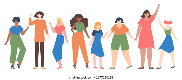 Women diverse. Female group empowerment, girls team with different size and skin color, diverseness sisterhood community vector illustration set. Girl group community, different female