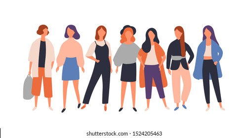 Women diverse group flat vector illustration. Young female characters standing isolated on white. Model, student, businesswoman in fashionable modern casual clothes. Stylish teenage girls.