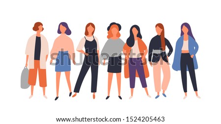 Women diverse group flat vector illustration. Young female characters standing isolated on white. Model, student, businesswoman in fashionable modern casual clothes. Stylish teenage girls.