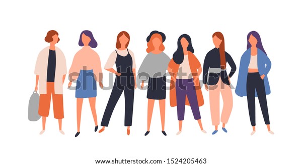 女性の多様なグループの平らなベクターイラスト 白い背景に若い女性のキャラクター モデル 学生 ビジネスマン おしゃれな現代カジュアルな服 を着た女性 スタイリッシュな10代の女の子 のベクター画像素材 ロイヤリティフリー