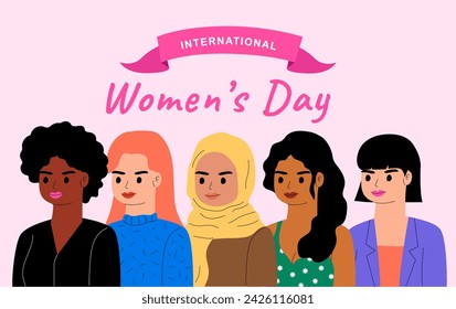 Women in diverse in half body portrait with international women's day text above illustration