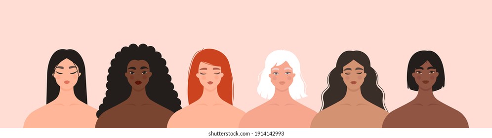 Women diversity concept. Group of multiethnic female characters. Portraits of caucasian, asian, black girls standing together. International Women’s Day, 8 March, feminism. Isolated flat vector