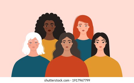 Women diversity concept. Group of multiethnic female characters. Portraits of caucasian, asian, black girls standing together. International Women’s Day, 8 March, feminism. Isolated flat vector