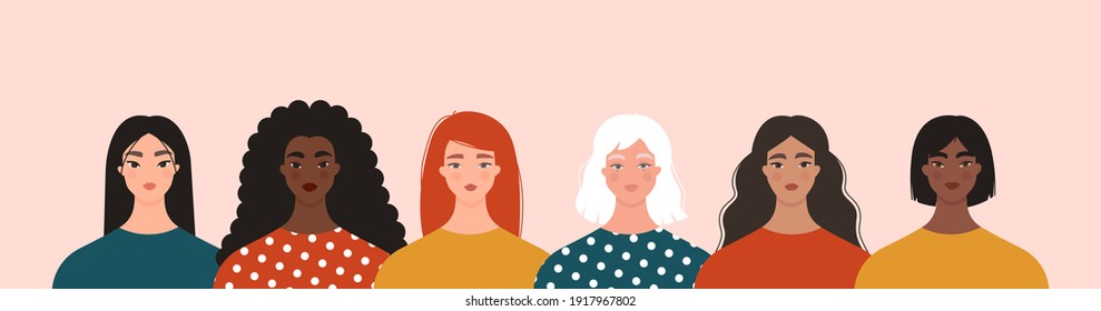 Women diversity concept. Group of multiethnic female characters. Portraits of caucasian, asian, black girls standing together. International Women’s Day, 8 March, feminism. Isolated flat vector