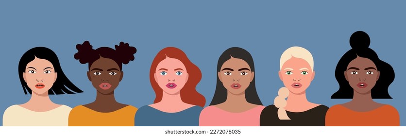 Women diversity concept. Group of multiethnic female characters. Portraits of caucasian, asian, black girls standing together. International Women’s Day, 8 March, feminism. Isolated flat vector
