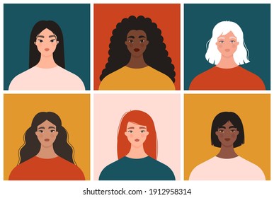 Women diversity concept. Portrait of female characters of different nationalities, races and cultures. Colorful avatars, various faces. Isolated vector set. Caucasian, african, asian, latina women