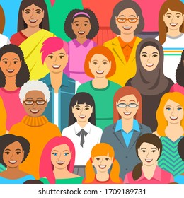 Women diversity seamless pattern. Happy smiling female faces of different ethnicity, age and race. Cartoon vector illustration. Girl power and togetherness concept. Feminist movement for women rights