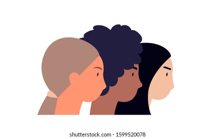 Women diversity vector illustration. Flat characters - young caucasian woman, African woman and asian woman - side view. International womens day, feminism, girl power, sisterhood concepts.