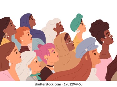 Women diversity, woman power, sisterhood, and feminism movement concept. Crowd profile of strong diverse multiracial females. Colored flat vector illustration of feminists isolated on white background