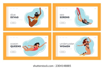 Women Diving Landing Page Template Set. Female Characters Enjoying The Sea And Exploring Marine Life, Feeling Freedom Of Movement And Refreshing of Ocean Water. Cartoon People Vector Illustration