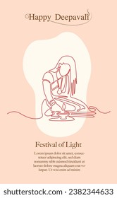 women with diwali lamp holding line drawing