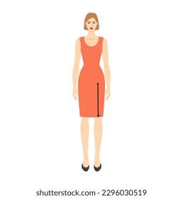 Women to do crotch to knee measurement body with arrows fashion Illustration for size chart. Flat female character front 8 head size girl in red dress. Human lady infographic template for clothes