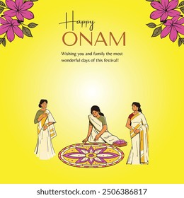 mujeres hacen diseños florales en el suelo, Festival Indio Onam Estado de Kerala. Flores decoradas con marco, felices vacaciones de Onam. Póster Diseño de Anuncio, Ilustración vectorial