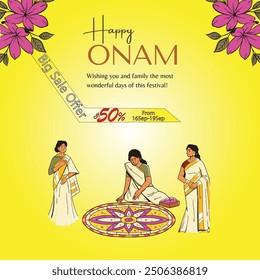 mujeres hacen diseños florales en el suelo, Festival Indio Onam Estado de Kerala. Flores decoradas con marco, felices vacaciones de Onam. Póster Diseño de Anuncio, Ilustración vectorial