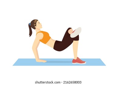 Women do Glute Stretches for tailbone stong with bridge pose and cross legs on the exercise mat. Illustration about workout diagram for strong at the hip, back, leg, and Pelvic.