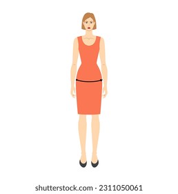 Women to do hip measurement body with arrows fashion Illustration for size chart. Flat female character front 8 head size girl in red dress. Human lady infographic template for clothes