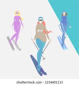 Women do ski, creative cartoon funny illustration for web and print retro style skier girls , winter vacation lifestyle .