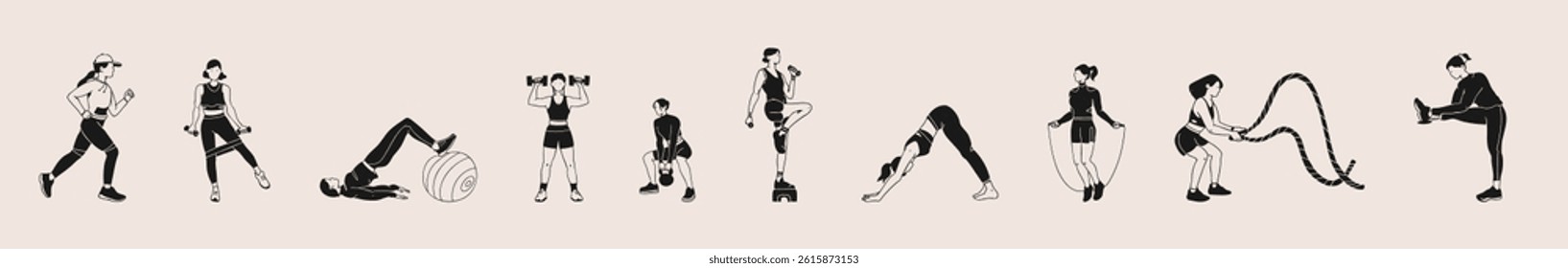 Women do sports and do exercises. Black and white vector illustration. Minimalistic style.