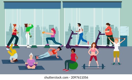 Women do sports in a fitness club. People are doing physical exercises in the gym, doing fitness. Vector illustration.