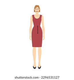 Women to do waist to hip measurement body with arrows fashion Illustration for size chart. Flat female character front 8 head size girl in burgundy dress. Human lady infographic template for clothes