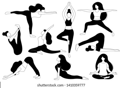 Women do yoga. Different asanas. Poses - lotus, tree pose, downward facing dog pose, cobra. Black and white simple style vector illustration.