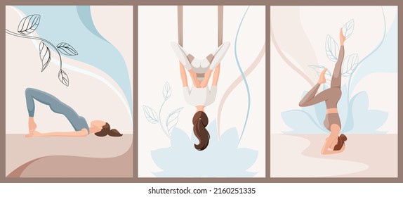 Women do yoga. A set of illustrations. Aero yoga. Cartoon design.
