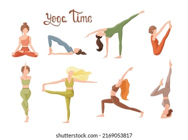 Women do yoga. A set of poses. Cartoon design.
