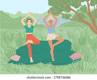 Women do yoga, stand on one leg. Park or a trip to nature, picnic and fitness, activity with friends. Summer activity. Vector cute concept illustration.
