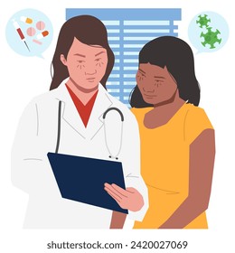 women doctor with patient in flat illustration