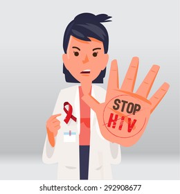 Women Doctor Showing Stop Hand With Stop HIV Concept - Vector Illustration