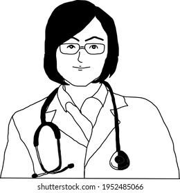 women doctor wearing glass .drawing black and white line 