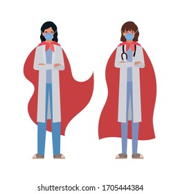 women doctors heroes with capes against 2019 ncov virus design of Covid 19 cov infection disease symptoms and medical theme Vector illustration