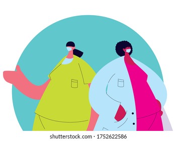 women doctors with mask and medical uniform vector illustration design