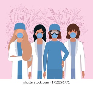 Women doctors with masks against 2019 ncov virus design of Covid 19 cov infection disease symptoms and medical theme Vector illustration
