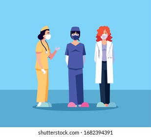 women doctors standing, medical team vector illustration design