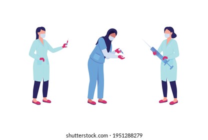 Women doctors with syringes flat color vector faceless character set. Nurse doing drug shot. Vaccination isolated cartoon illustration for web graphic design and animation collection