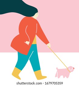 Women and dog geometric cartoon style. Girl walks with a pet abstract vector illustration. Peopel flat simple illustration. 