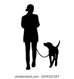 women with dog on leash silhouette on white background vector