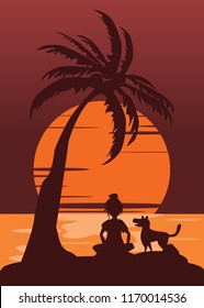 women and dog silhouette in sunset vector illustration 