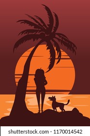 women and dog silhouette in sunset vector illustration 