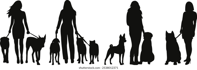 Mujeres y perros silueta negra, Vector