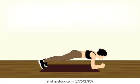 A women is doing an abs workout routine. She is performing a plank exercise on her mat at home with no equipment.